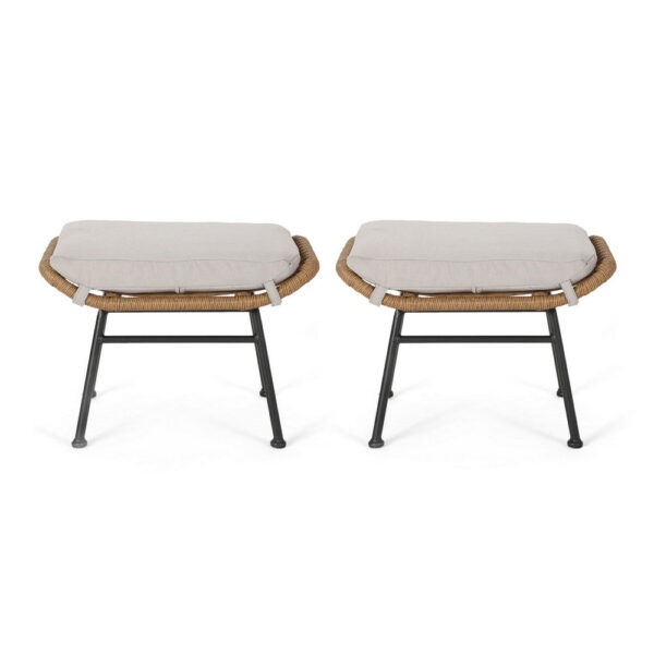 Margo Outdoor Ottoman Set of 2, 24 Inch Black Iron, Brown and Beige