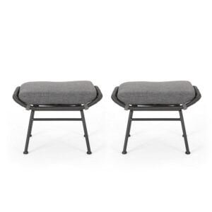 Margo Outdoor Ottoman Set of 2, 24 Inch Black Iron, Gray Cushion