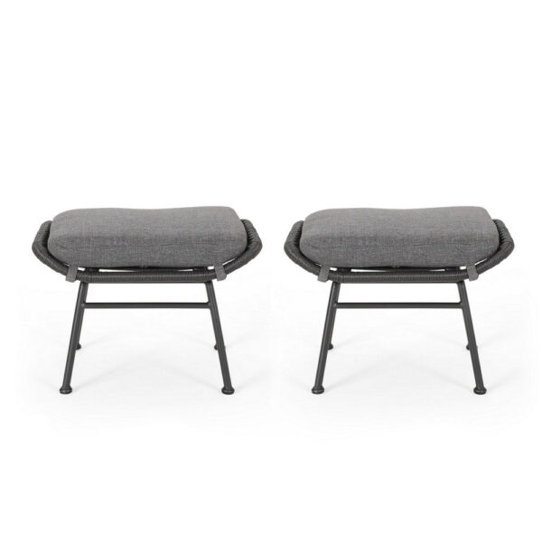 Margo Outdoor Ottoman Set of 2, 24 Inch Black Iron, Gray Cushion