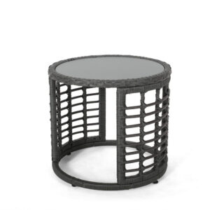 Outdoor Round Side End Table with Woven Accents, 18 Inch, Gray Rattan