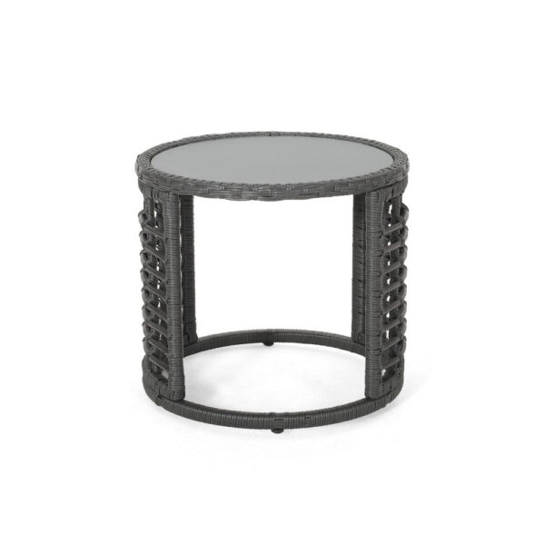 Outdoor Round Side End Table with Woven Accents, 18 Inch, Gray Rattan