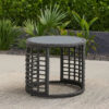 Outdoor Round Side End Table with Woven Accents, 18 Inch, Gray Rattan