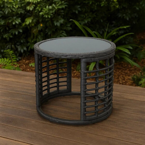 Outdoor Round Side End Table with Woven Accents, 18 Inch, Gray Rattan