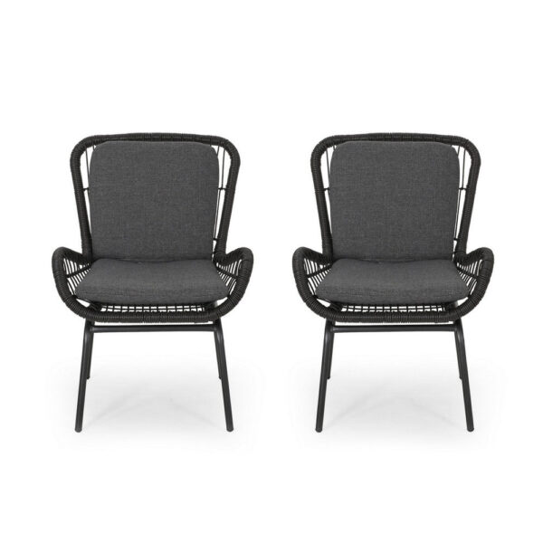 Patio Accent Chair Set of 2, Open Wicker, Round Edge, Black Iron, Gray