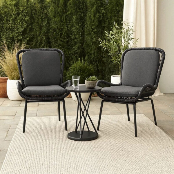 Patio Accent Chair Set of 2, Open Wicker, Round Edge, Black Iron, Gray