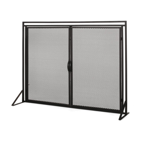 Fireplace Screen, 2 Doors, Open Diamond Mesh Design, Matte Black Iron