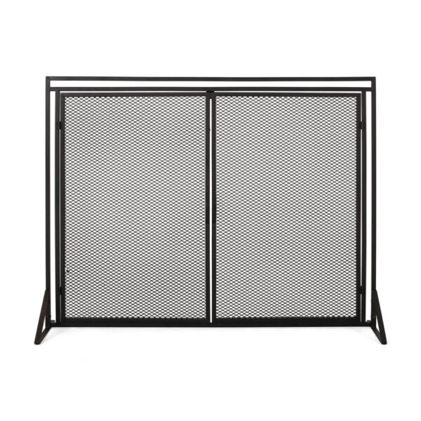 Fireplace Screen, 2 Doors, Open Diamond Mesh Design, Matte Black Iron