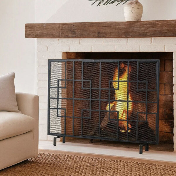31x41 Fireplace Screen with Mesh, Contemporary Design, Black, Silver