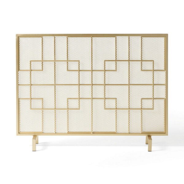 31x41 Fireplace Screen, Overlapping Square Design, Classic Gold Iron