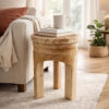 17 Inch Stool Accent Table, Paulownia Wood, Three Leg Base, Natural Brown