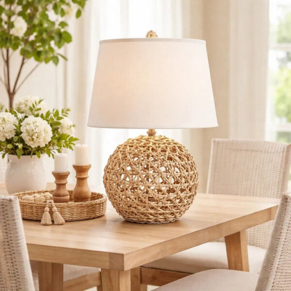 25 Inch Table Lamp, Elegant Handwoven Rope Base, Linen Shade, Natural Brown