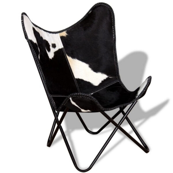 Butterfly Chair, Black and White Genuine Cowhide Upholstery, Metal