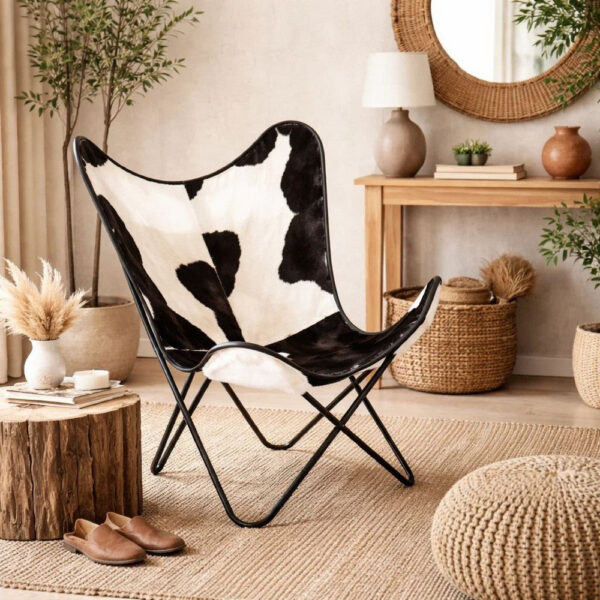 Butterfly Chair, Black and White Genuine Cowhide Upholstery, Metal
