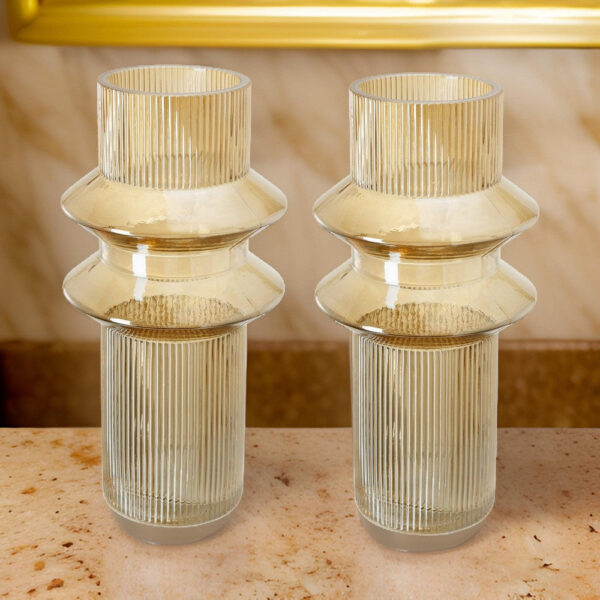 Rae Set of 2 Glass Vases, Tall Round Cylinders, Amber Yellow, Clear Finish