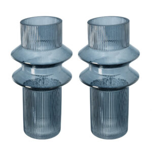 Rae Set of 2 Glass Vases, Tall Round Cylinders, Smokey Blue, Clear Finish
