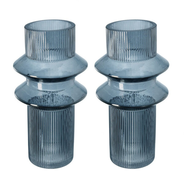 Rae Set of 2 Glass Vases, Tall Round Cylinders, Smokey Blue, Clear Finish