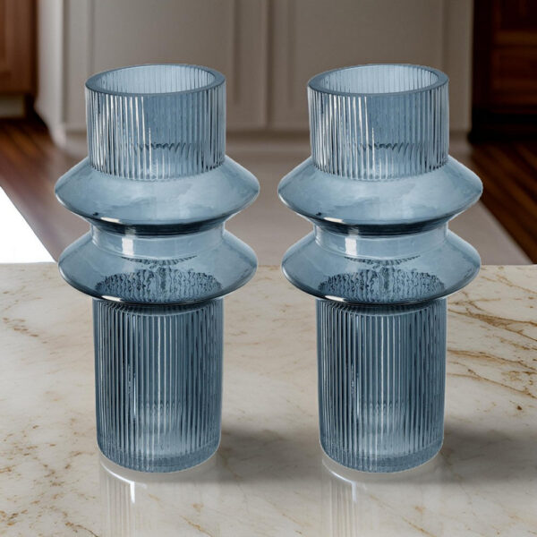 Rae Set of 2 Glass Vases, Tall Round Cylinders, Smokey Blue, Clear Finish