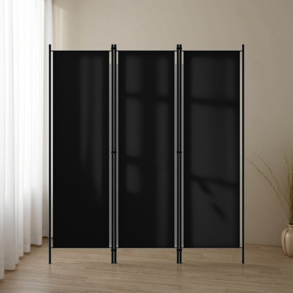 Dina 3 Panel Room Divider Screen, Black Fabric and Iron, 71 Inch
