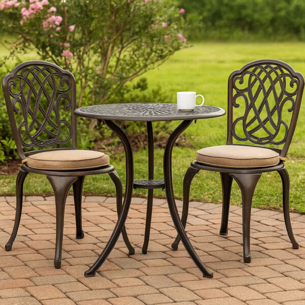 Outdoor Breakfast Table, Round 24 Inch w Umbrella Holder, Bronze Metal