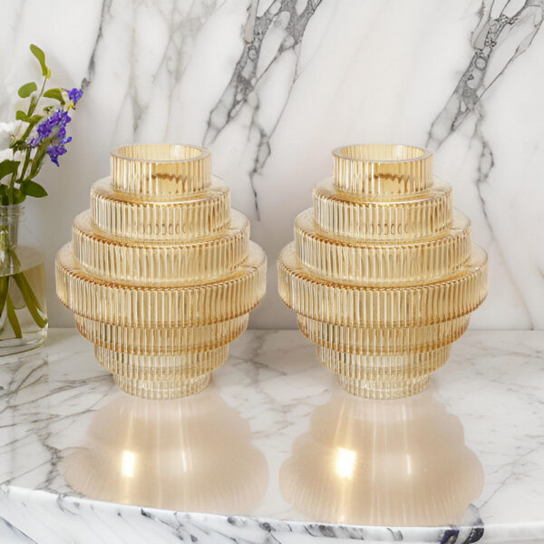 Rae Set of 2 Glass Vases, Geometric Round, Amber Yellow and Clear Finish