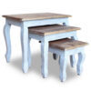3pc Nesting End Table Set, Light Blue Turned Legs Brown Reclaimed Wood