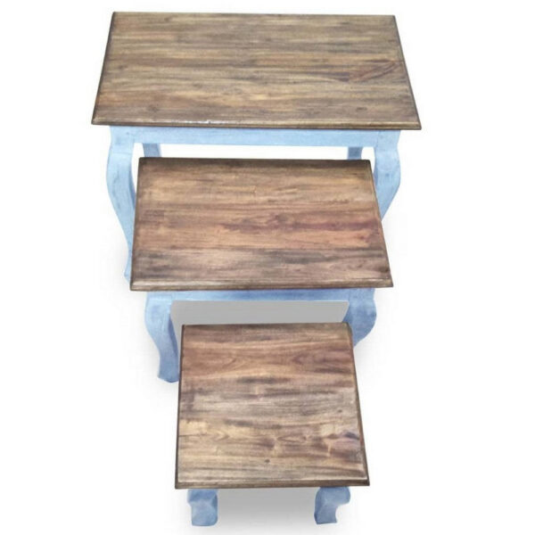 3pc Nesting End Table Set, Light Blue Turned Legs Brown Reclaimed Wood
