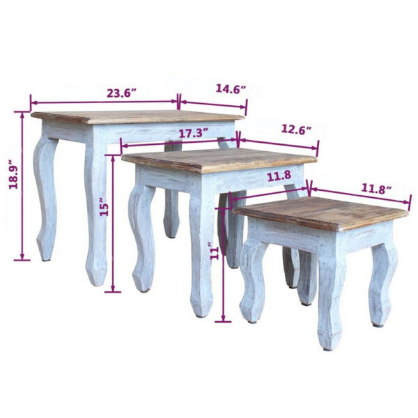 3pc Nesting End Table Set, Light Blue Turned Legs Brown Reclaimed Wood