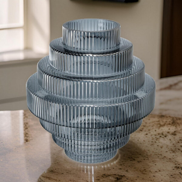 Rae 10 Inch Glass Vase, Geometric Round, Contemporary, Smokey Blue, Clear