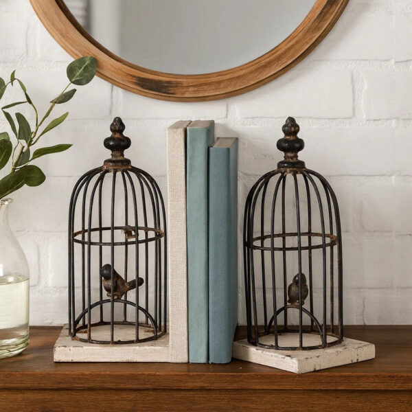 Ari Set of 2 Classic Bookends, Birdcage, Iron and Fir Wood, Black, Brown