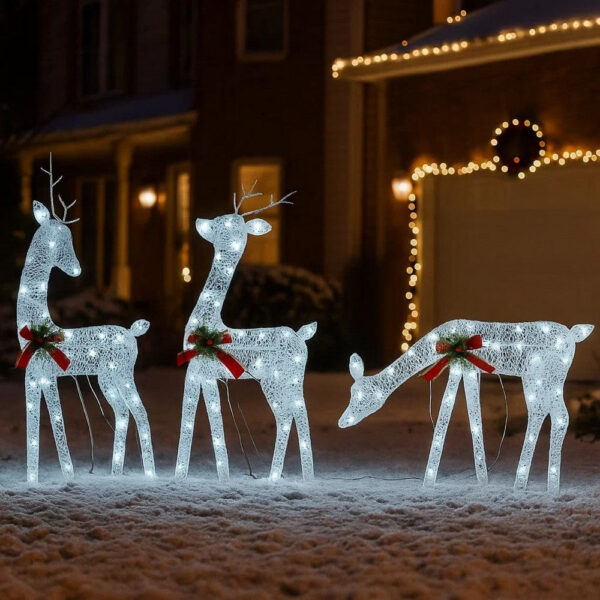 Outdoor 3 Reindeer Christmas Decoration, 90 Cool White LEDs, Steel