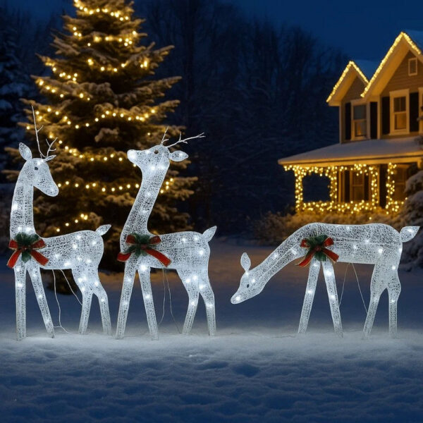 Outdoor 3 Reindeer Christmas Decoration, 90 Cool White LEDs, Steel