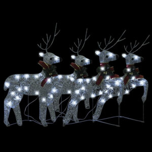 Outdoor 4 Reindeer Christmas Decor, 80 Cool White LEDs, Silver Metal