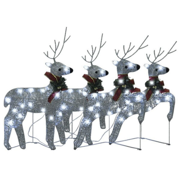 Outdoor 4 Reindeer Christmas Decor, 80 Cool White LEDs, Silver Metal
