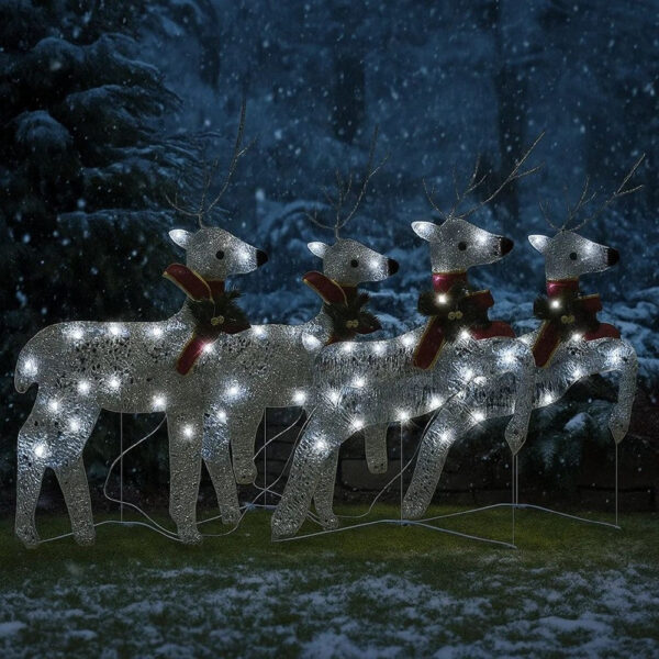 Outdoor 4 Reindeer Christmas Decor, 80 Cool White LEDs, Silver Metal
