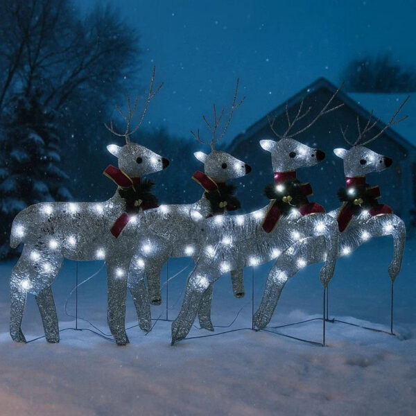 Outdoor 4 Reindeer Christmas Decor, 80 Cool White LEDs, Silver Metal
