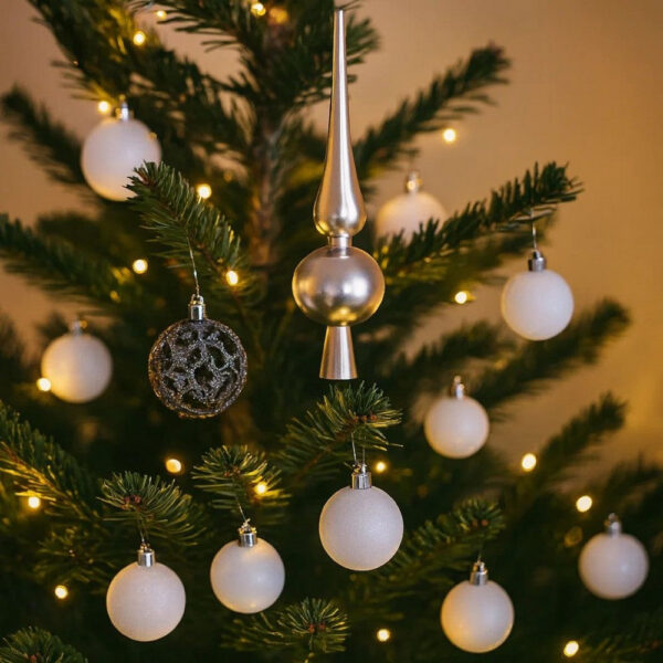 61pc Christmas Ornament Set w Topper, LED String Lights, White Silver