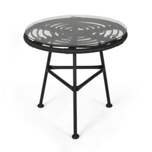 Tee Outdoor Side End Table, 20 Inch Rattan Weave with Glass Top, Gray