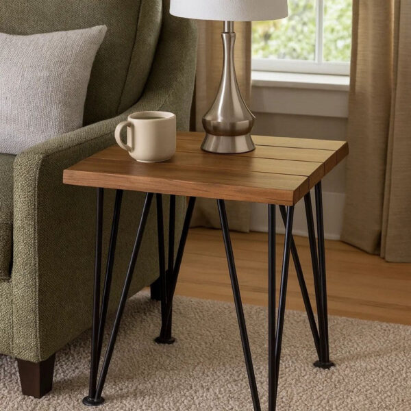 Zion Outdoor Accent Table, 18 Inch Square, Hairpin Legs, Brown Wood