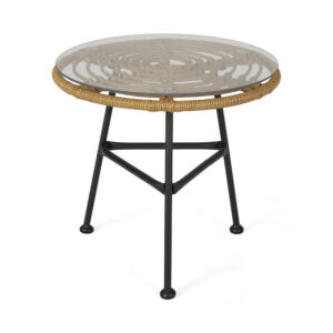 Tee Outdoor Side End Table, 20 Inch Rattan Weave, Glass Top, Steel