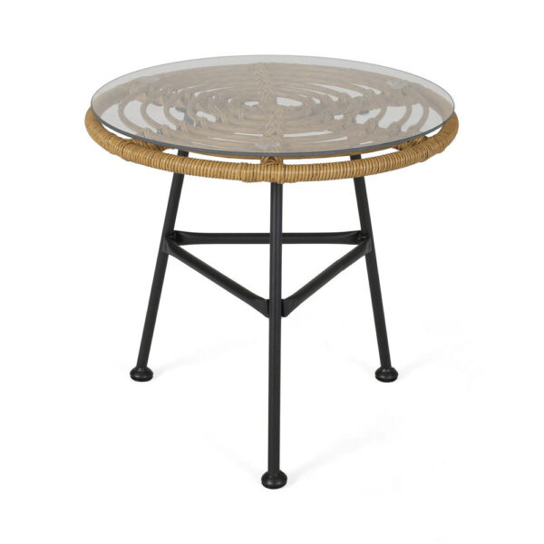 Tee Outdoor Side End Table, 20 Inch Rattan Weave, Glass Top, Steel