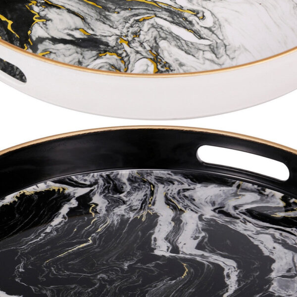 Set of 2 Round Accent Trays, Tabletop Decor, Marbling, Black, White, Gold