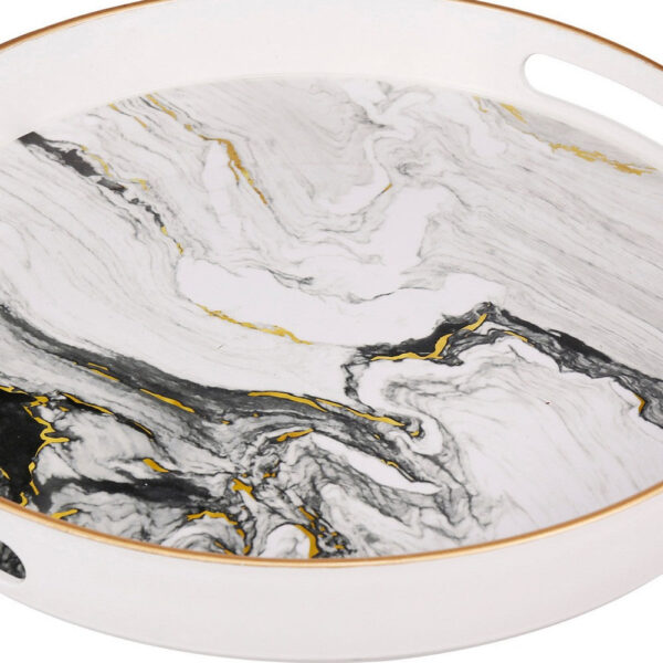 Set of 2 Round Accent Trays, Tabletop Decor, Marbling, Black, White, Gold