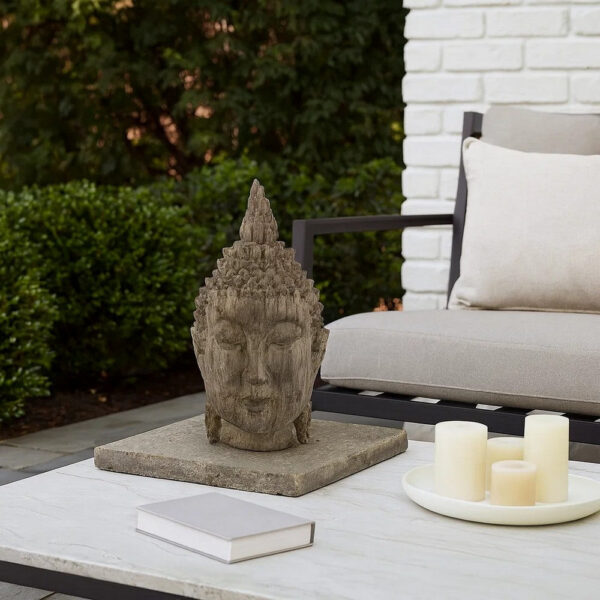 12 Inch Buddha Head Sculpture, Calming Accent Decoration, Polyresin, Brown