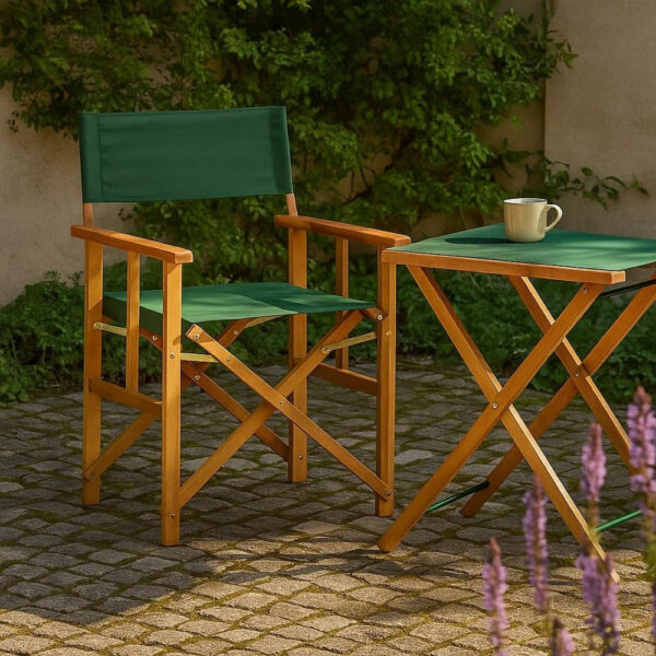 Outdoor Foldable Directors Chair, Brown Acacia Wood, Green Fabric