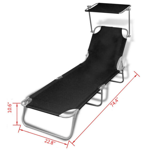 Outdoor Foldable Sun Chaise Lounger with Canopy, 74 Inch Steel, Black