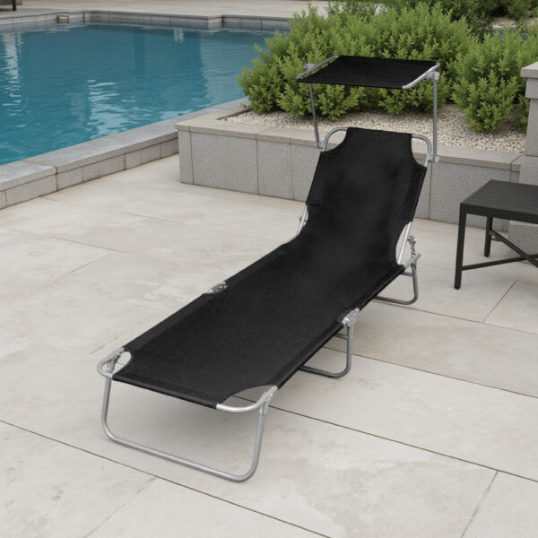 Outdoor Foldable Sun Chaise Lounger with Canopy, 74 Inch Steel, Black