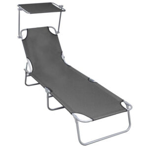 Keli Folding Chaise Lounger with Sun Canopy, Gray Aluminum, 74 Inch