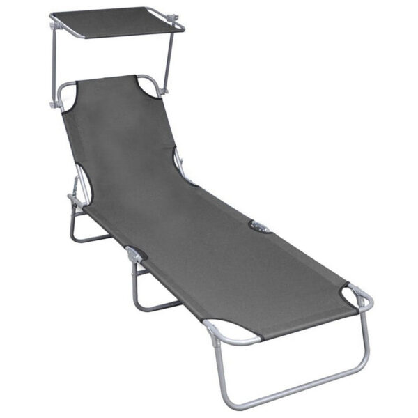 Keli Folding Chaise Lounger with Sun Canopy, Gray Aluminum, 74 Inch