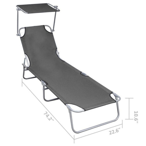 Keli Folding Chaise Lounger with Sun Canopy, Gray Aluminum, 74 Inch