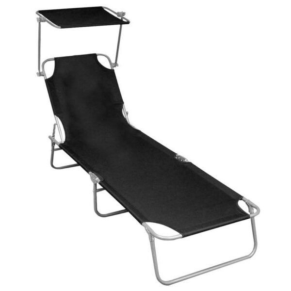 Keli Outdoor Folding Chaise Lounger, Canopy, Black Polyester, 74 Inch